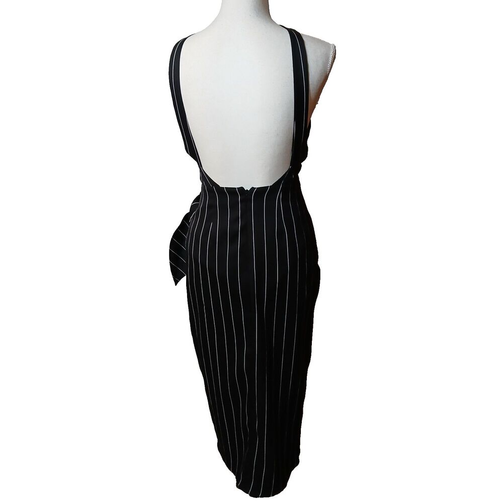 Lush Black White Pinstripe Open Back Criss Cross Shoulder Cutout Party Dress Med - Picture 6 of 13